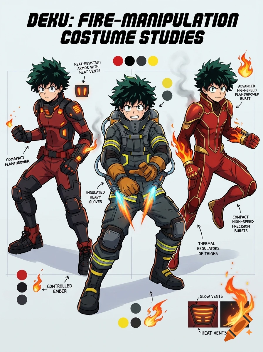 Character design concept sheet showing three different firefighter-inspired costume variations for Izuku from My Hero Academia, in anime style.