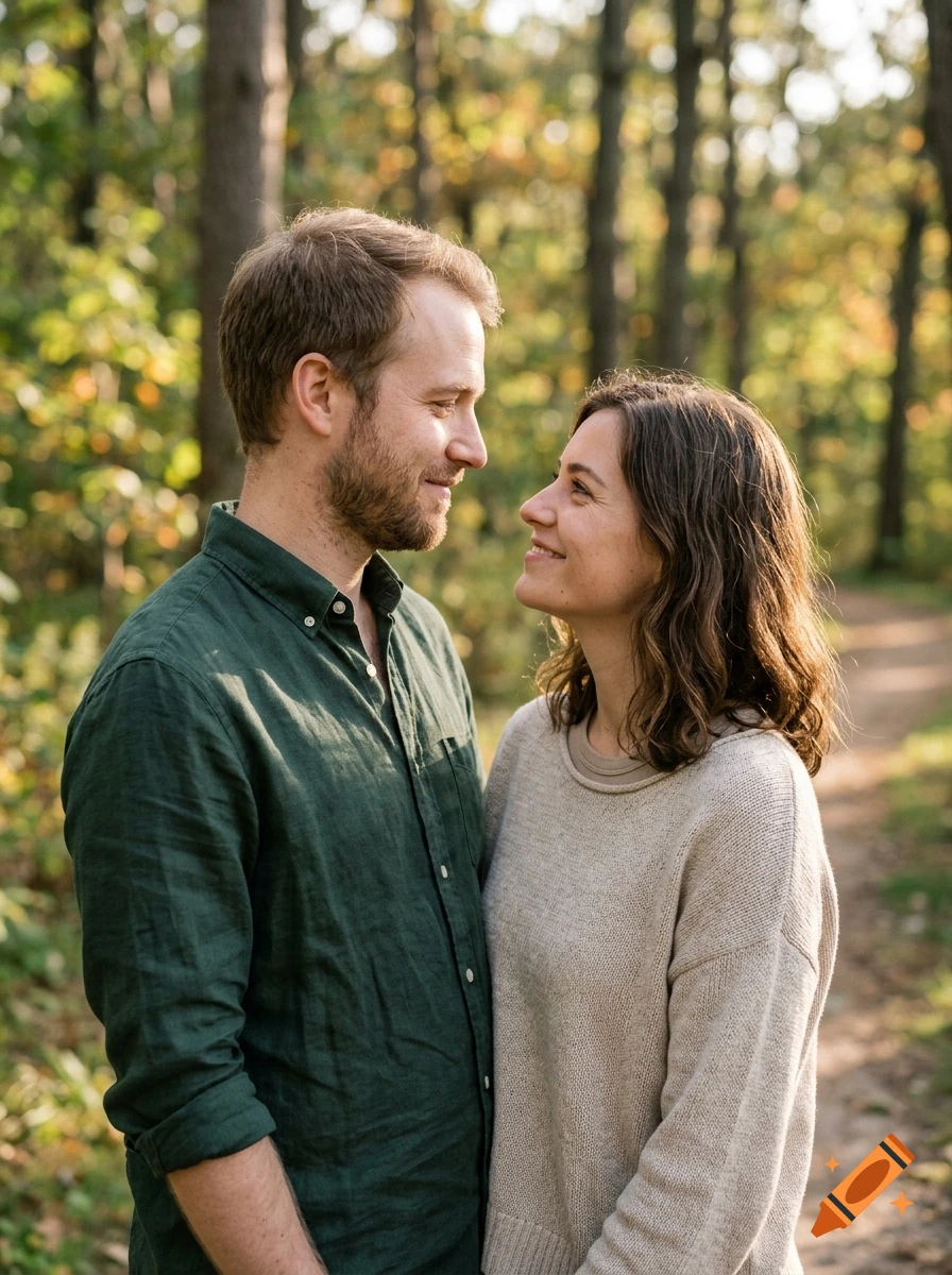 Photorealistic medium shot of a man and a woman smiling at each other in a forest.