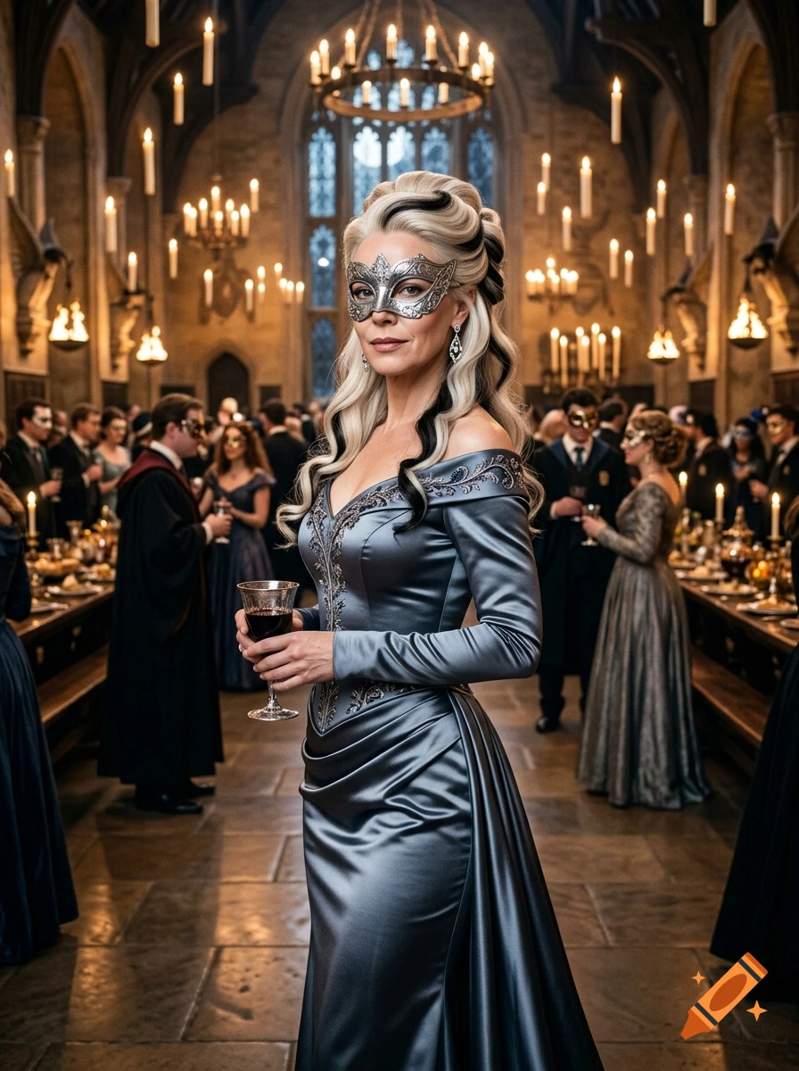 Photorealistic portrait of a woman wearing an ornate silver mask and grey satin dress in a grand hall.