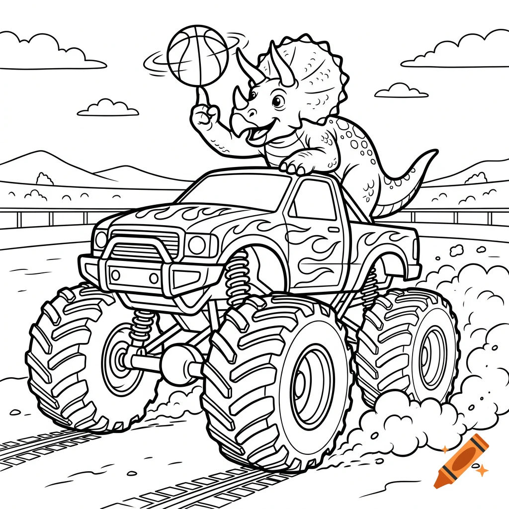 Black and white coloring page of a triceratops driving and balancing a basketball on its horn atop a monster truck.