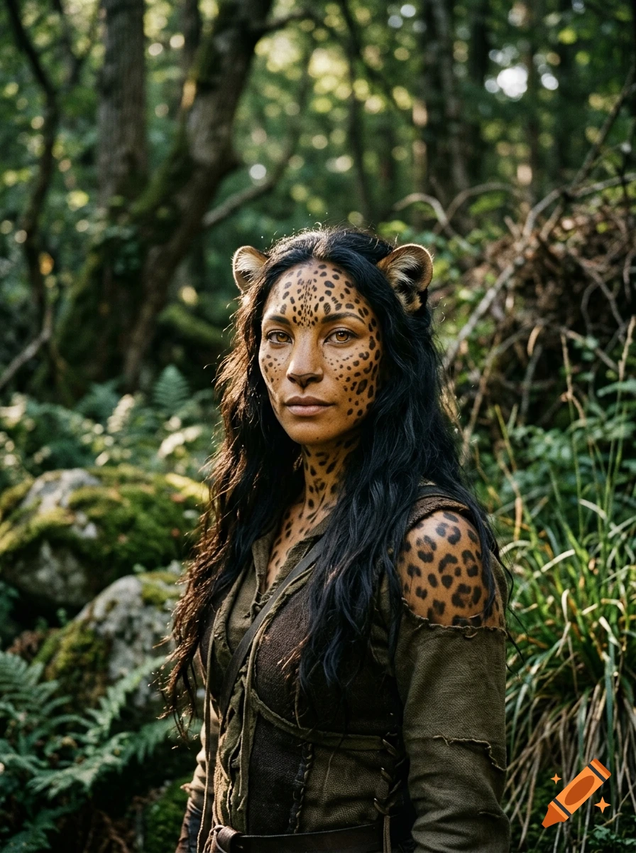 Photorealistic portrait of a female leopard hybrid with animal ears and spots in a forest.