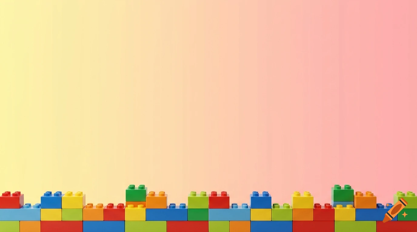 Colorful building blocks border the bottom of a yellow and pink ombre horizontal background.