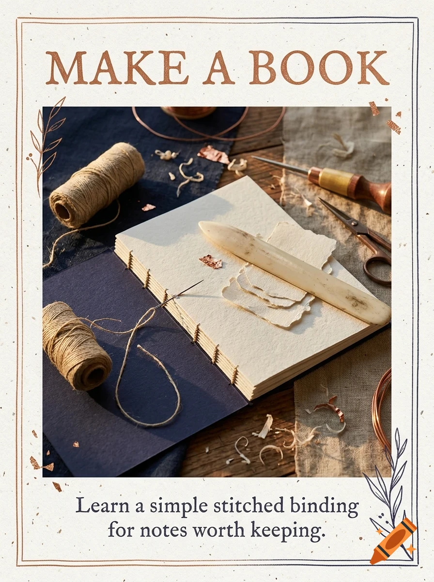 An overhead photograph of bookbinding materials including a stitched book, twine, and tools, with text reading MAKE A BOOK.