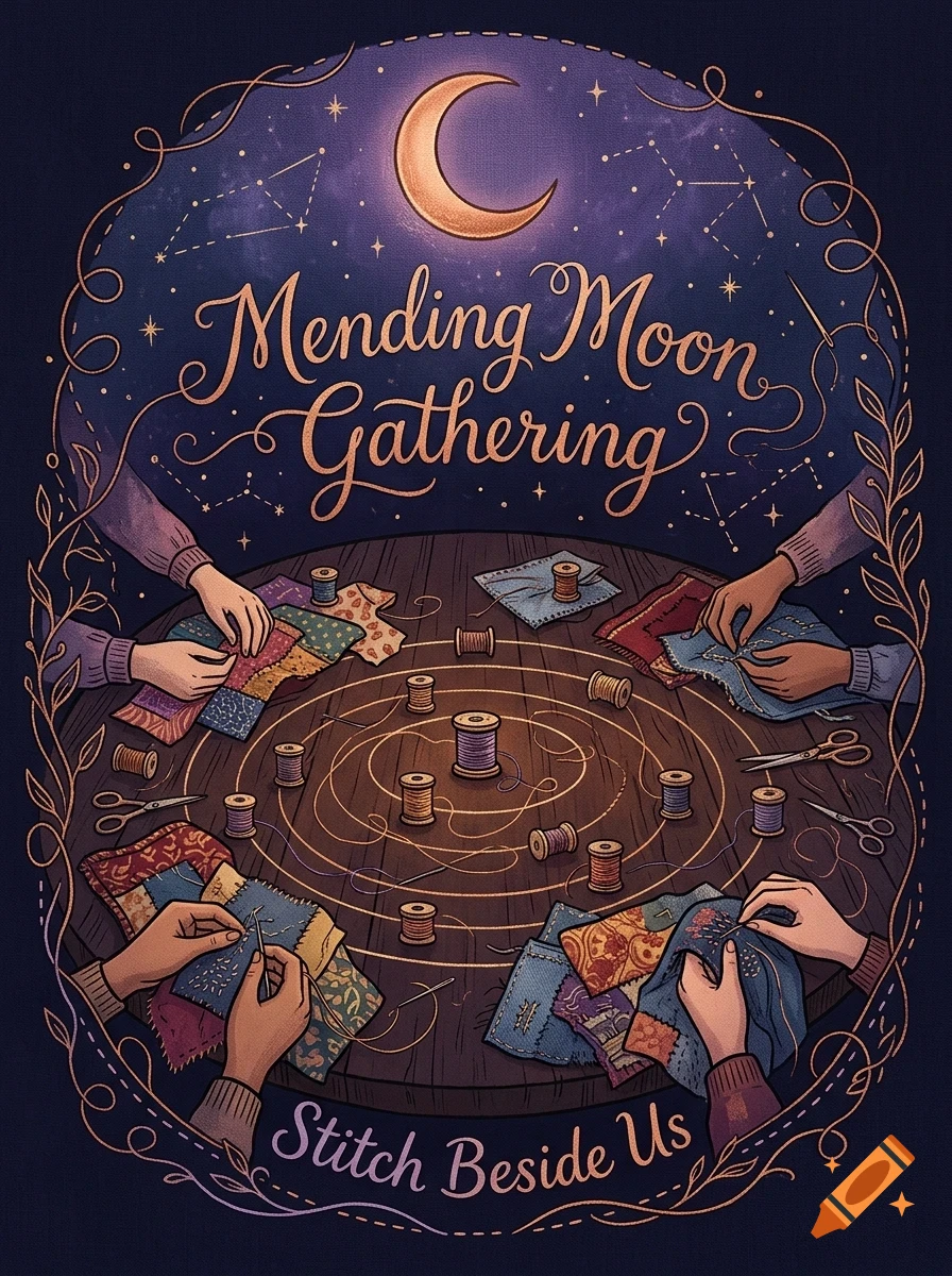 An illustration of people gathered around a circular table at night, sewing and mending fabrics under a crescent moon, with spools of thread and lettering.