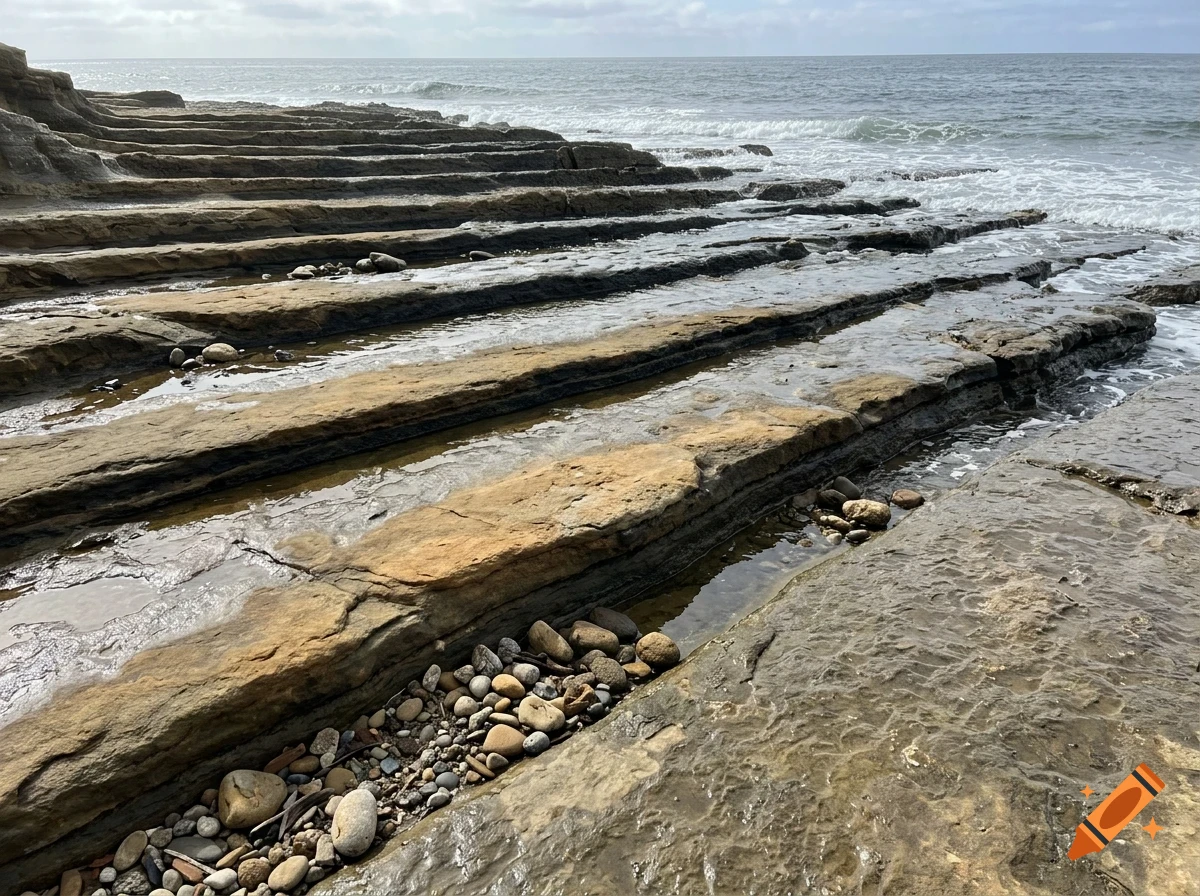 Rock formations and layered stone ledges stretch out towards the ocean with waves gently washing ashore.