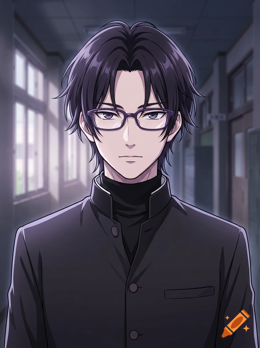 Anime style portrait of a young man with dark purple hair and glasses wearing a black uniform in a hallway.