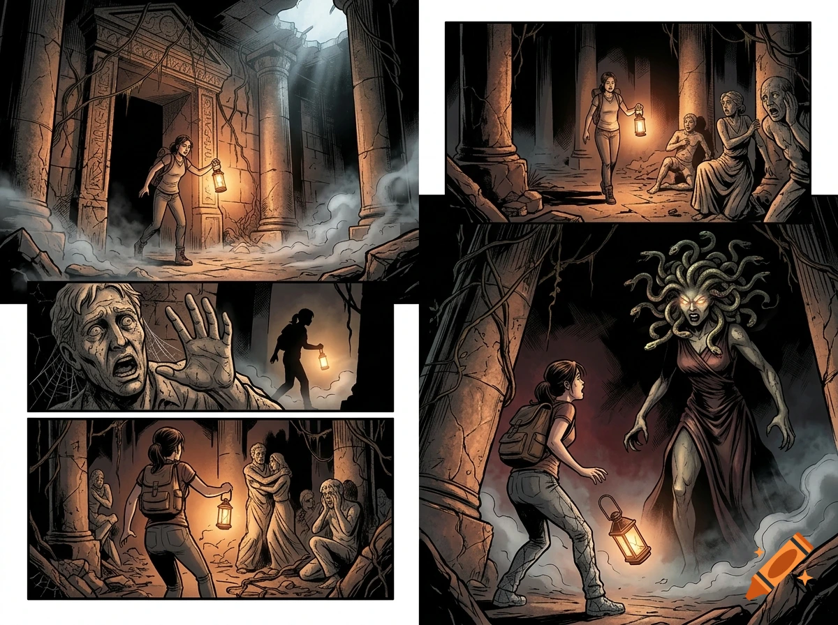 Comic book style multi-panel illustration of a woman exploring a ruined temple and encountering petrified people and Medusa.