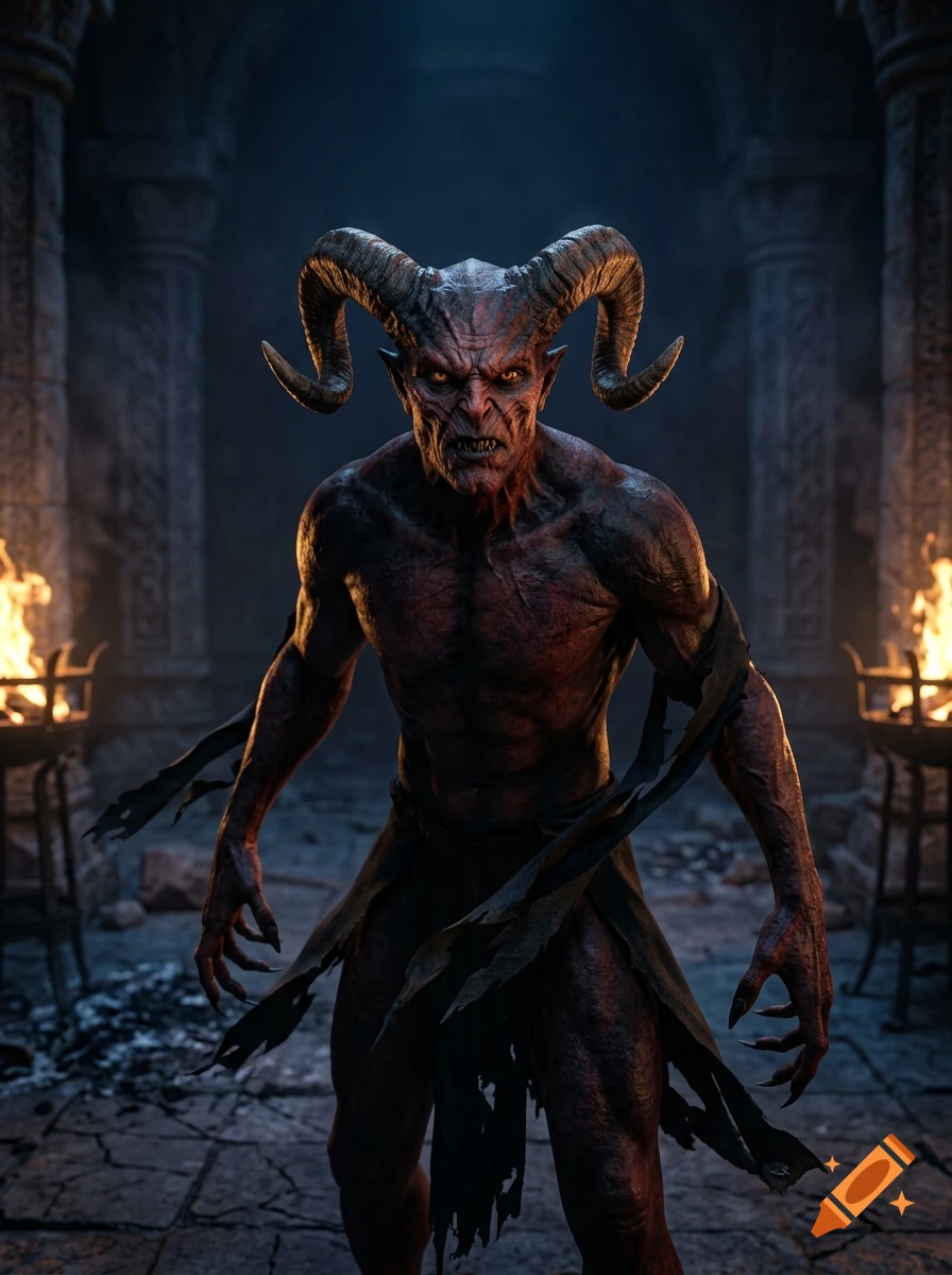 Photorealistic depiction of a menacing red demon with large horns standing in a stone dungeon.