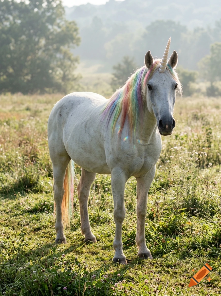 Photorealistic white unicorn with a rainbow mane and tail standing in a grassy meadow.