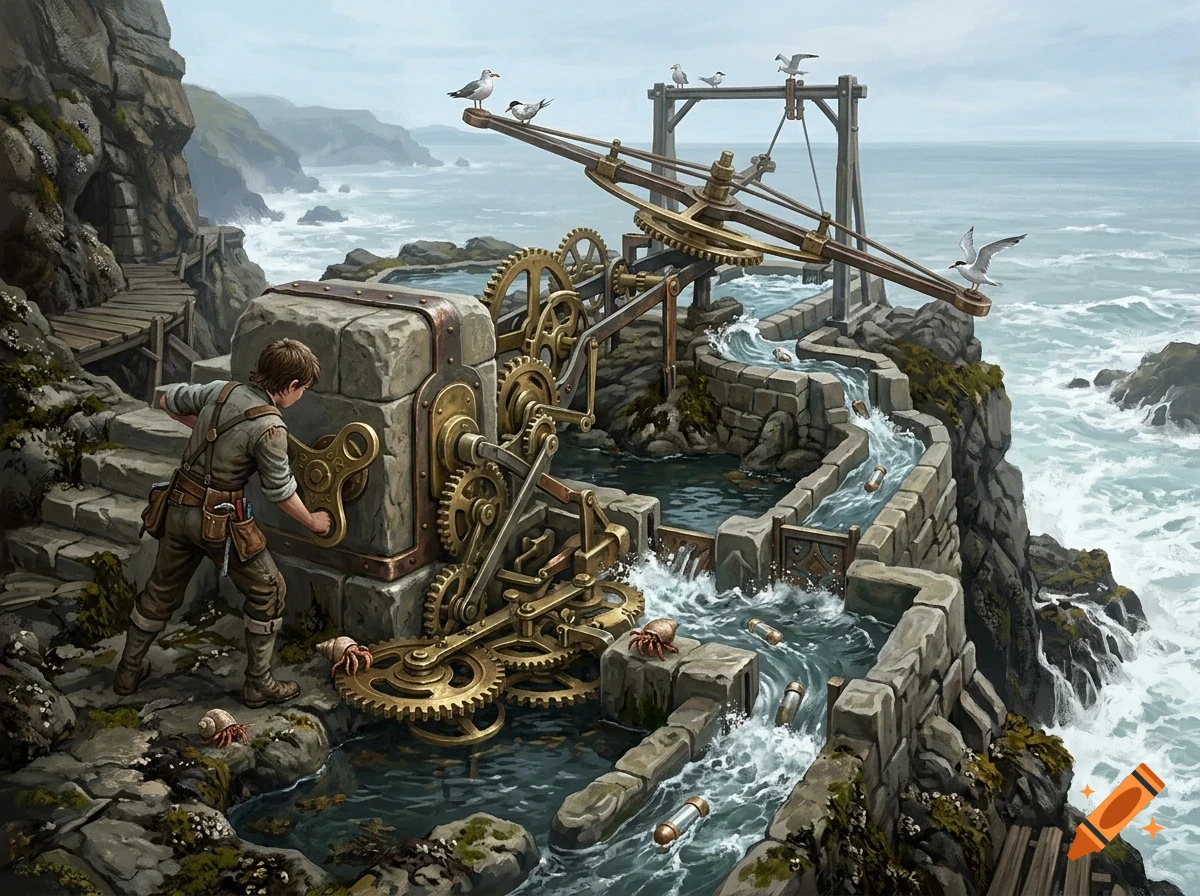 A person operating a large mechanical contraption with gears and levers on a rocky coastline by the ocean.