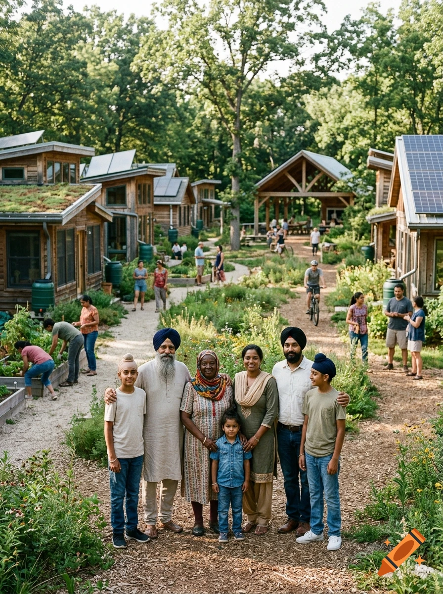 A multi-ethnic family posing together on a path in an eco-village surrounded by wooden houses and lush greenery.