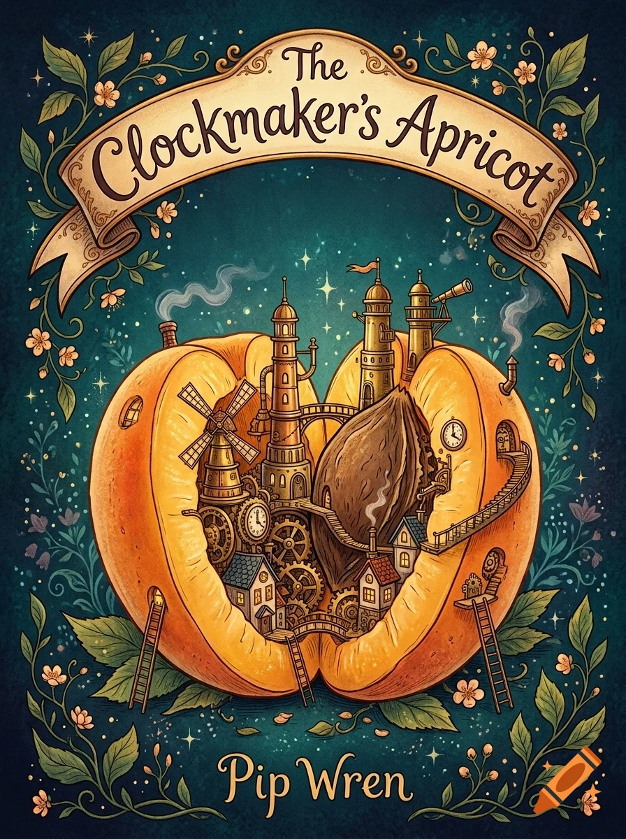 An illustrated fantasy book cover featuring a cut apricot containing a tiny steampunk city with towers and gears, surrounded by flowering vines and the title The Clockmaker's Apricot.