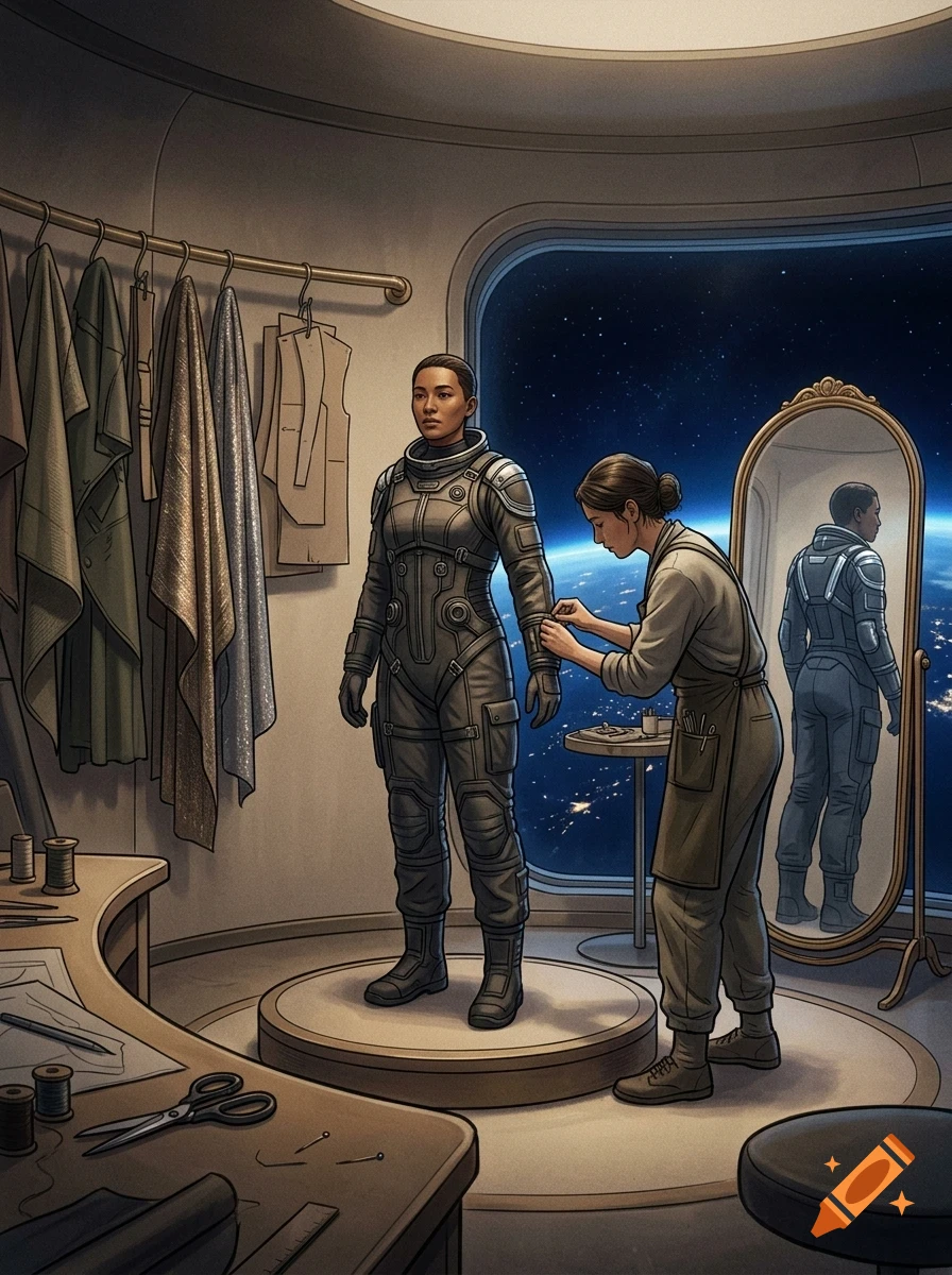 A tailor fitting a custom spacesuit on a person inside a futuristic workshop with a view of Earth from space.