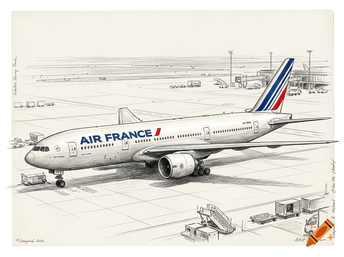 Pencil sketch drawing of a Boeing 777 in Air France livery parked at an airport tarmac.