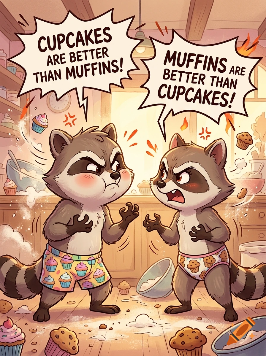 Cartoon raccoon boy and girl in underwear arguing in a kitchen with speech bubbles saying cupcakes and muffins are better.