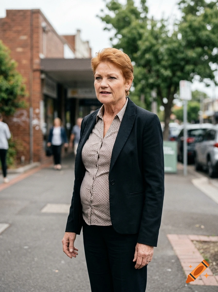 Photorealistic image of politician Pauline Hanson standing on a suburban street in front of shops.
