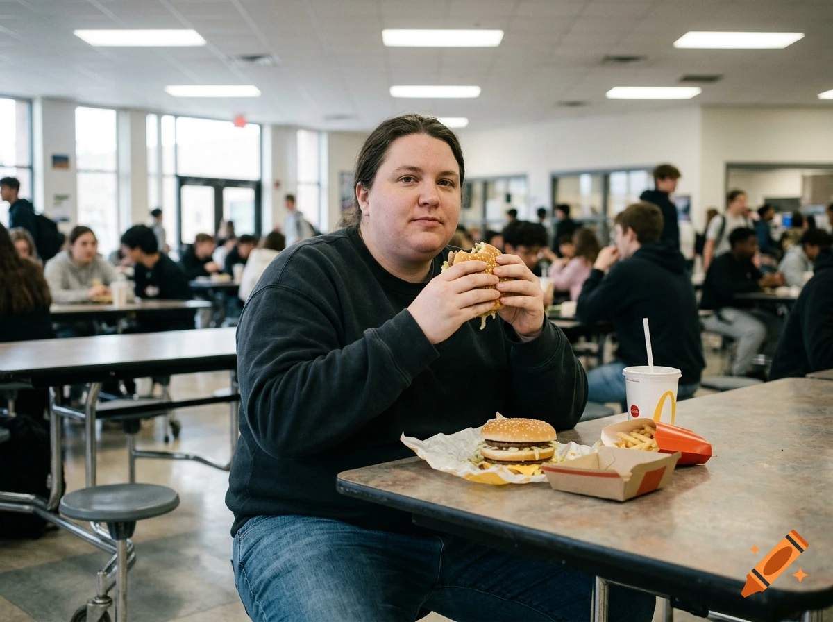 Photorealistic medium shot of a person sitting at a cafeteria table in a school, eating a burger and fries.