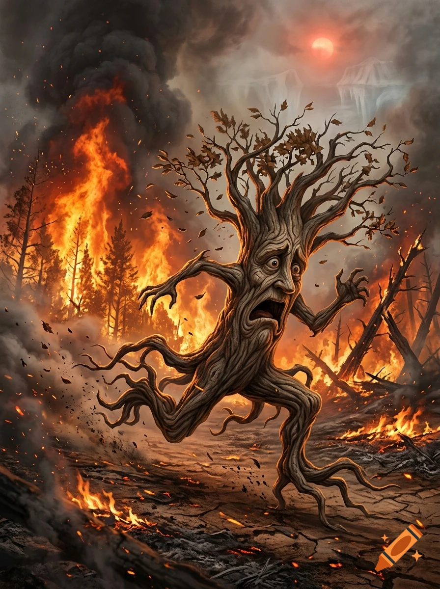 An anthropomorphic tree creature running in terror from a raging forest fire under a dark, smoky sky with a red sun.