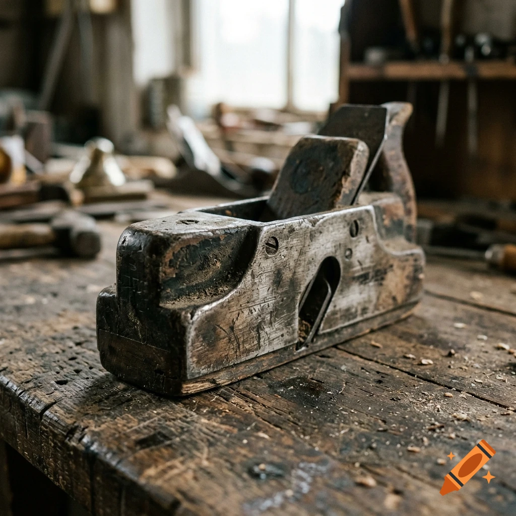 Close-up of an old, worn wooden hand plane on a rustic wooden workbench in a workshop.