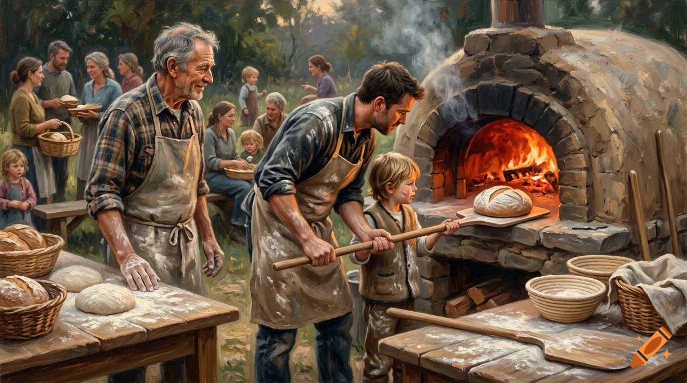 A community of people baking bread together outdoors, with a man and a child loading a loaf into a stone oven.