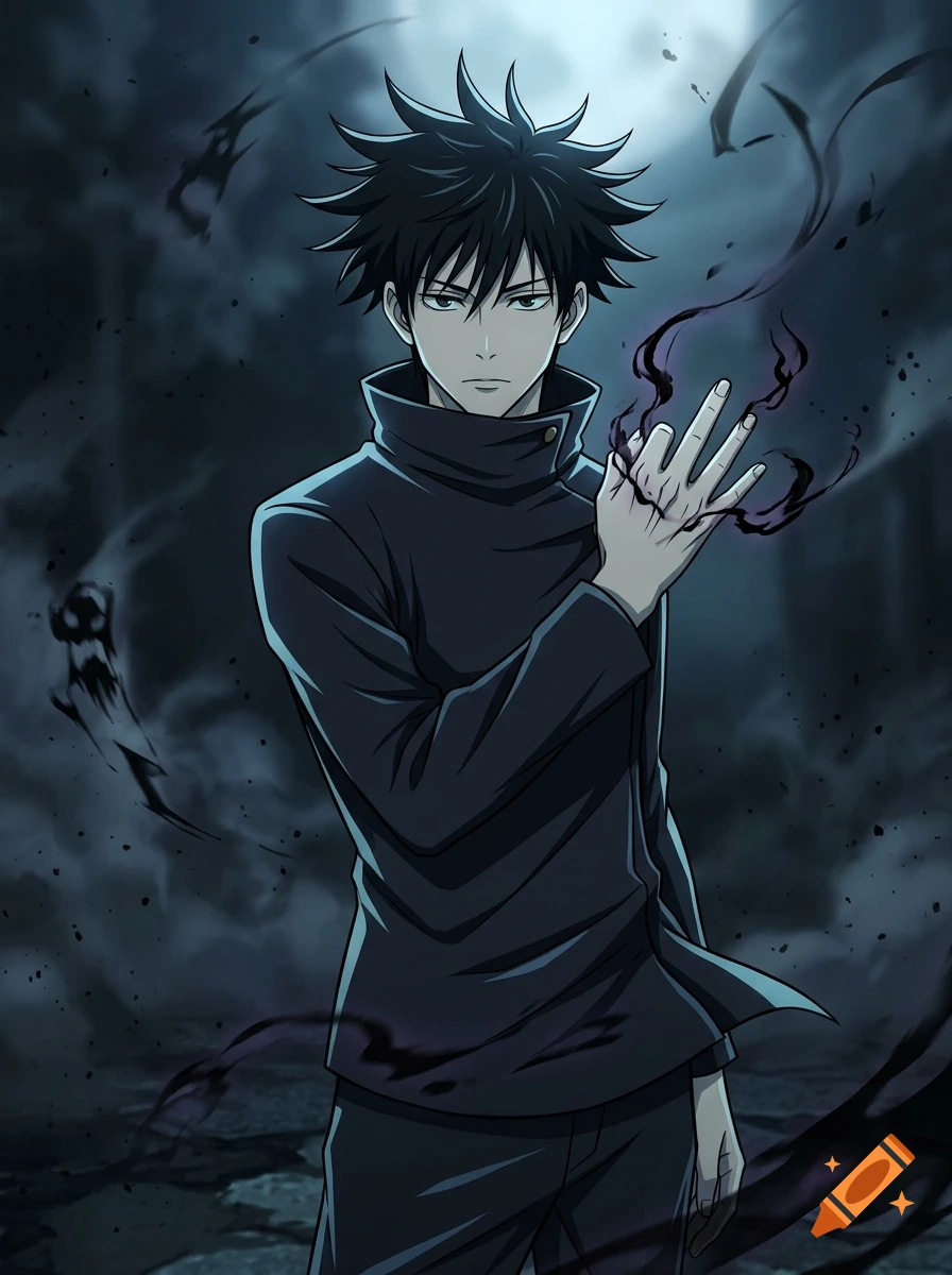 Anime style illustration of a dark-haired male character summoning shadowy energy around his hand in a moody, dim setting.