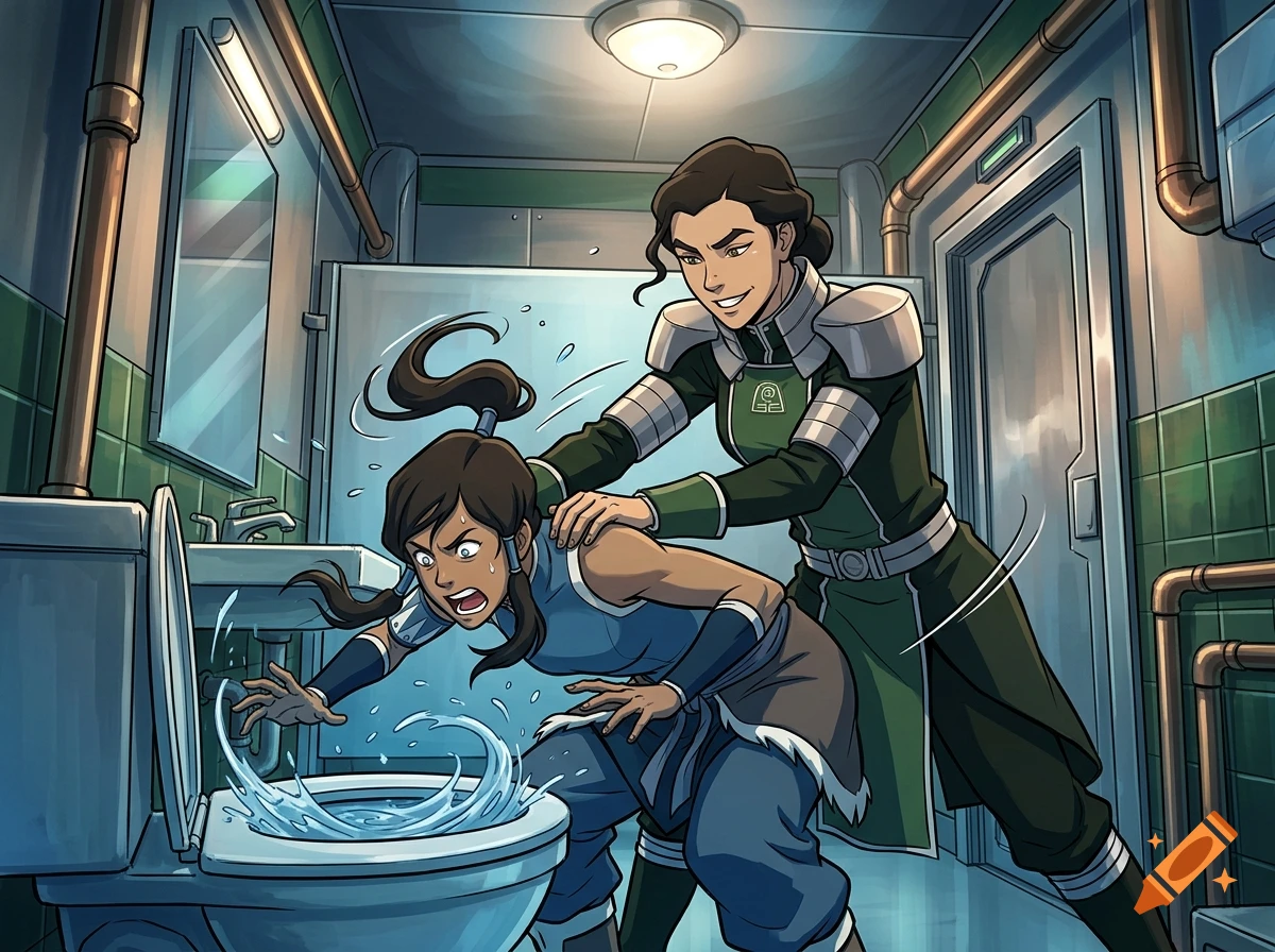 Kuvira giving Korra a swirly in a bathroom, digital art in a show-accurate style.