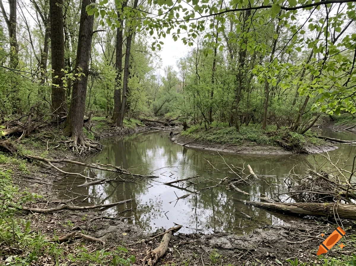 A tranquil river flowing through a lush, green forest with fallen branches along the muddy banks.