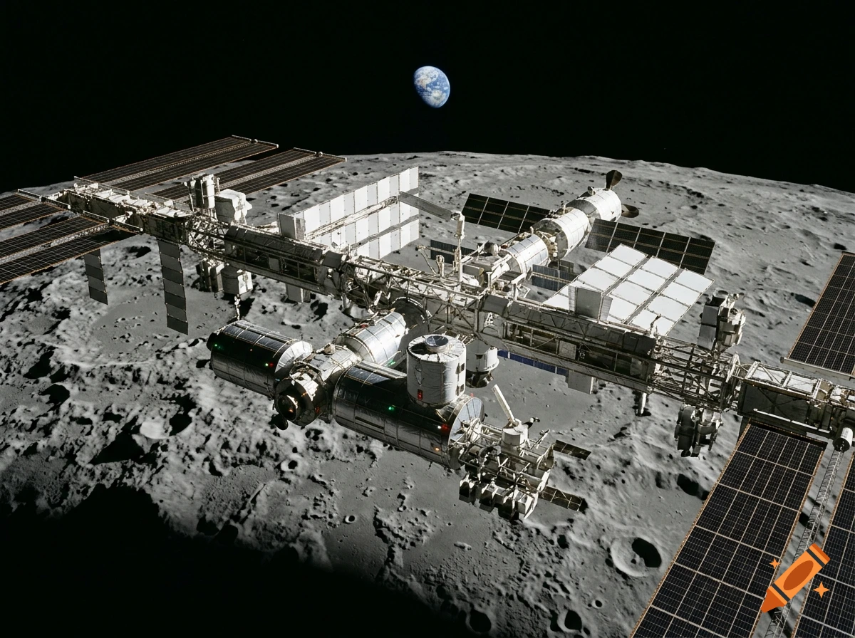 Photorealistic view of a massive space station hovering over the moon's cratered surface, with Earth visible in the distance.