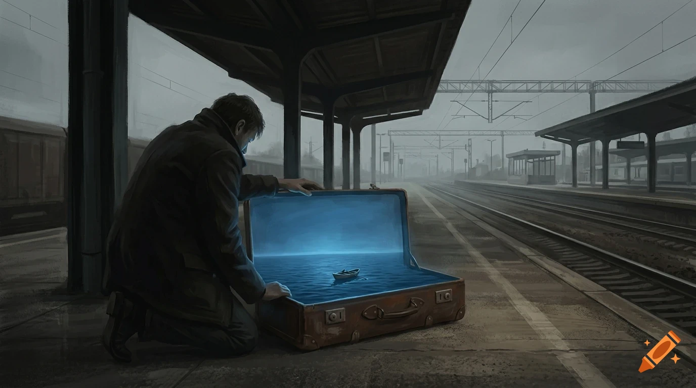 A man kneels on a train platform, opening a suitcase that contains a miniature glowing ocean and a boat.