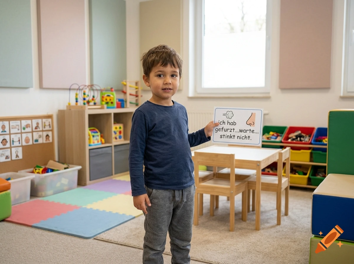 A young boy standing in a brightly lit therapy room holding a sign with German text.