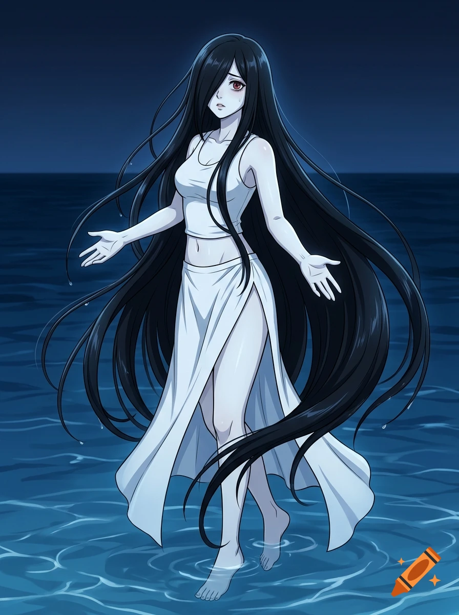 Anime illustration of a long black-haired ghost woman in a white dress standing in the ocean at night.