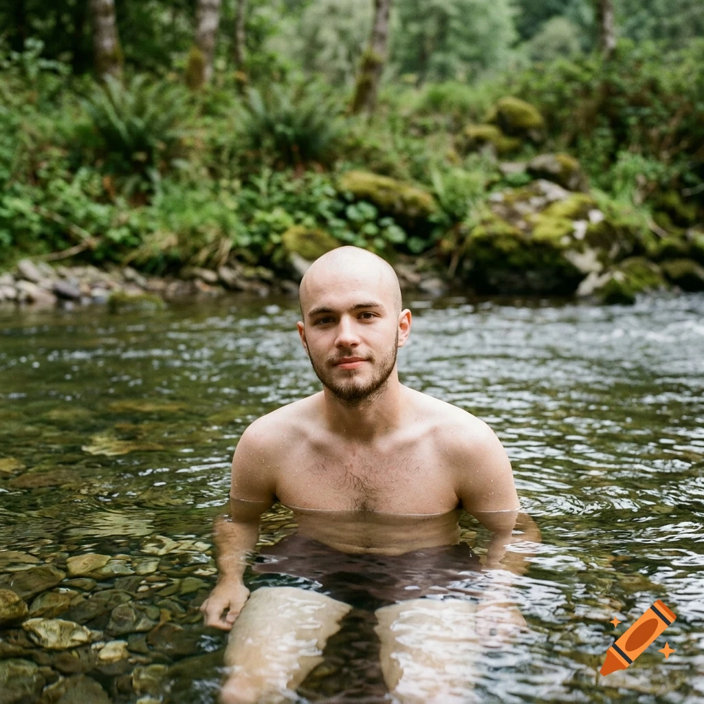 Photorealistic image of a young bald man with facial hair sitting in a shallow, clear river surrounded by lush greenery.
