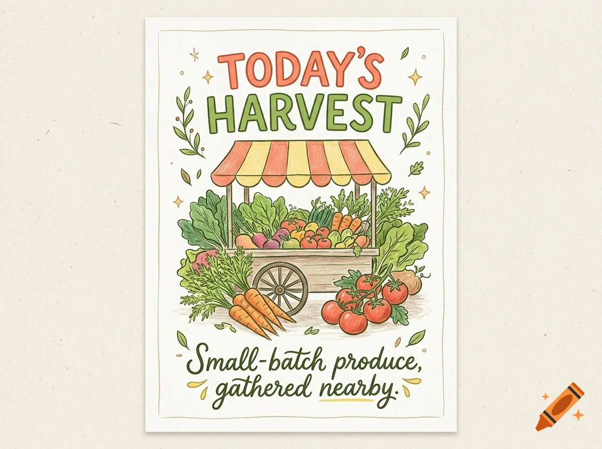 An illustrated produce cart laden with fresh vegetables, featuring the text 'TODAY'S HARVEST' and 'Small-batch produce, gathered nearby.'