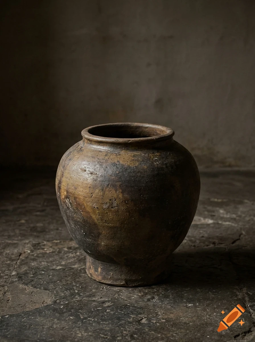 An aged, rustic dark clay pot sitting on a stone floor against a dark textured wall.