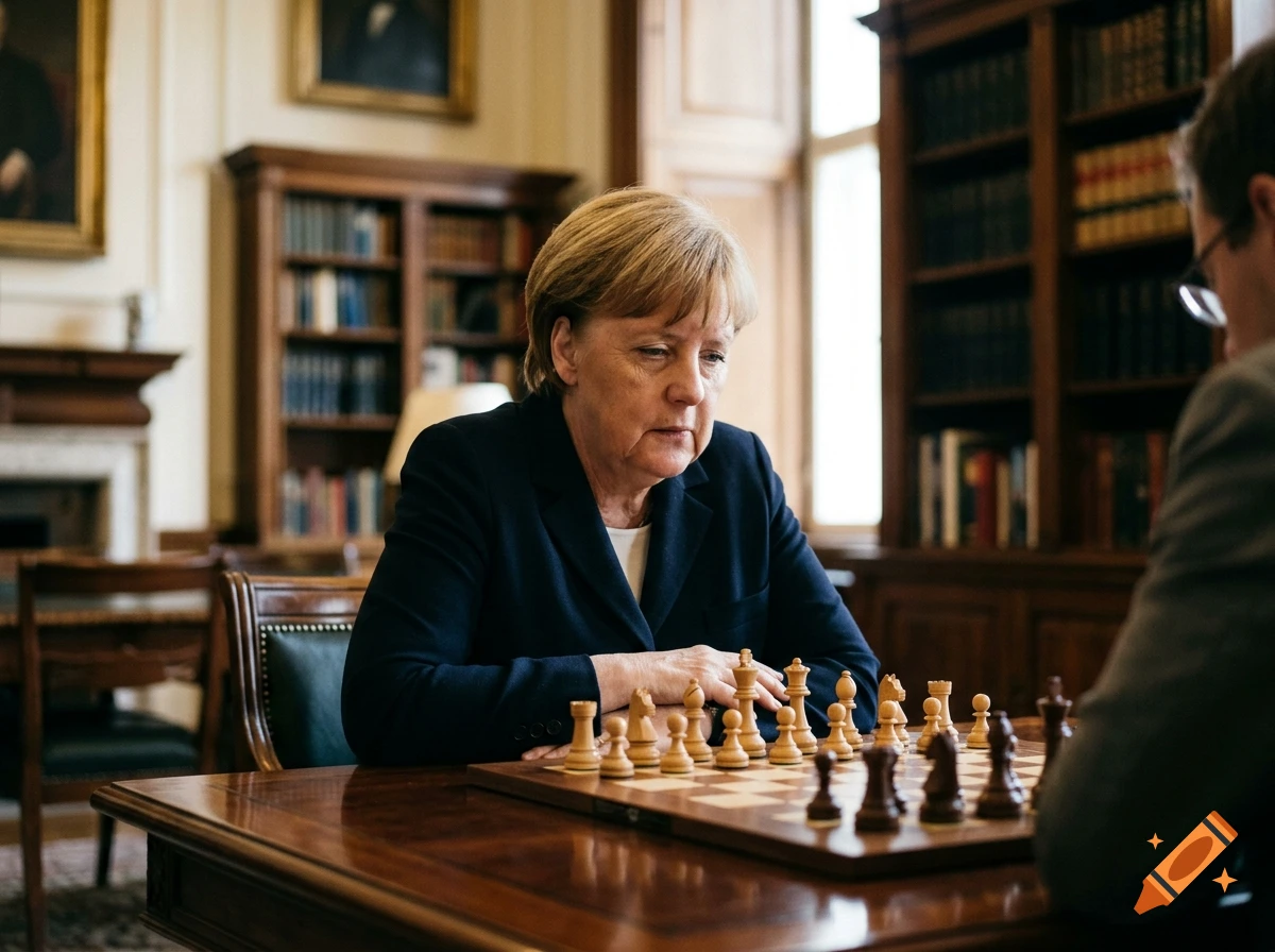 Photorealistic medium shot of Angela Merkel playing chess across a wooden board against an opponent in a wood-paneled library.