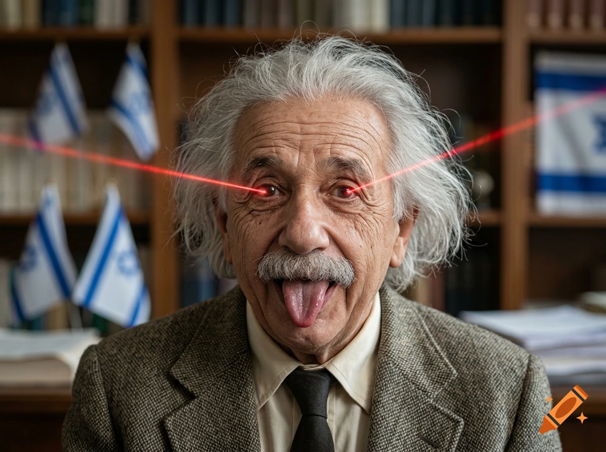 Albert Einstein with glowing red laser eyes sticking out his tongue, in front of a bookshelf with Israeli flags.