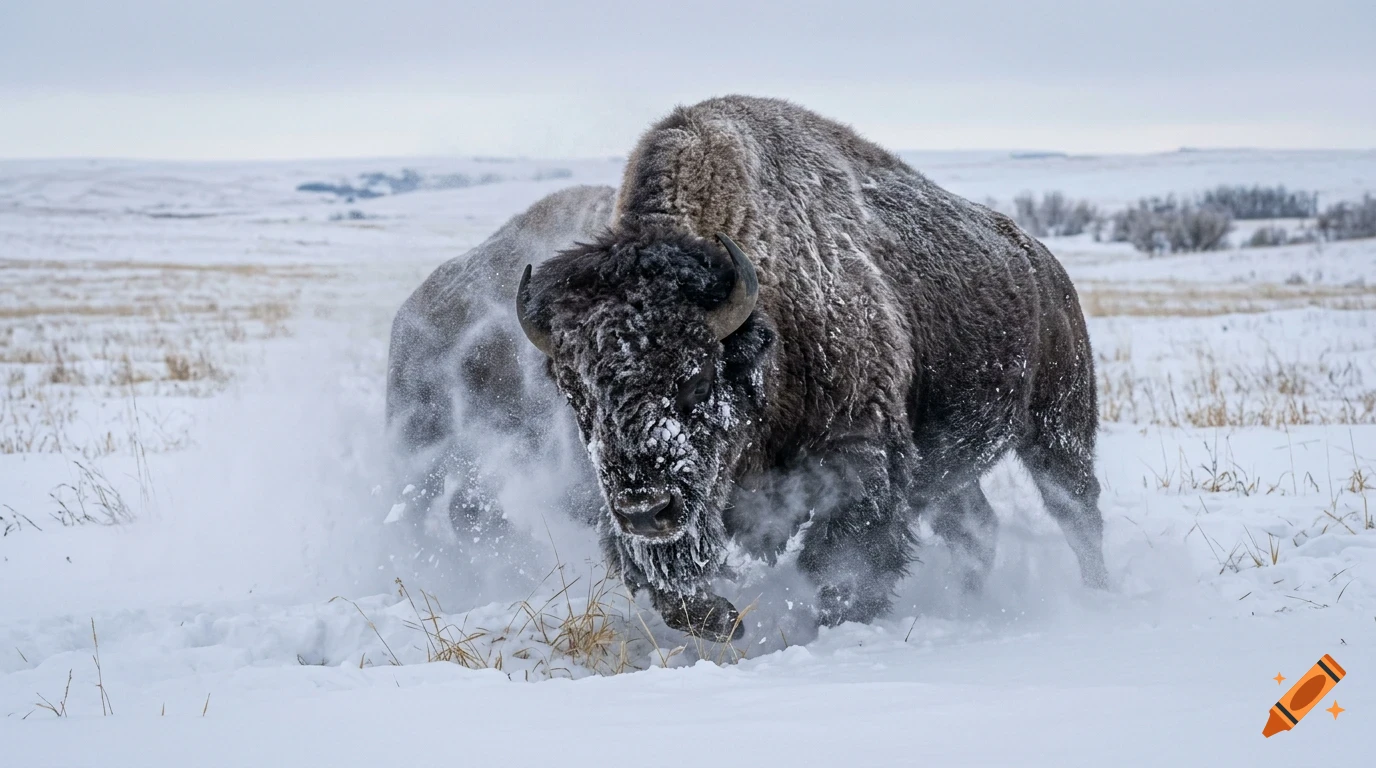 Two bison running through a snowy field, kicking up powder.