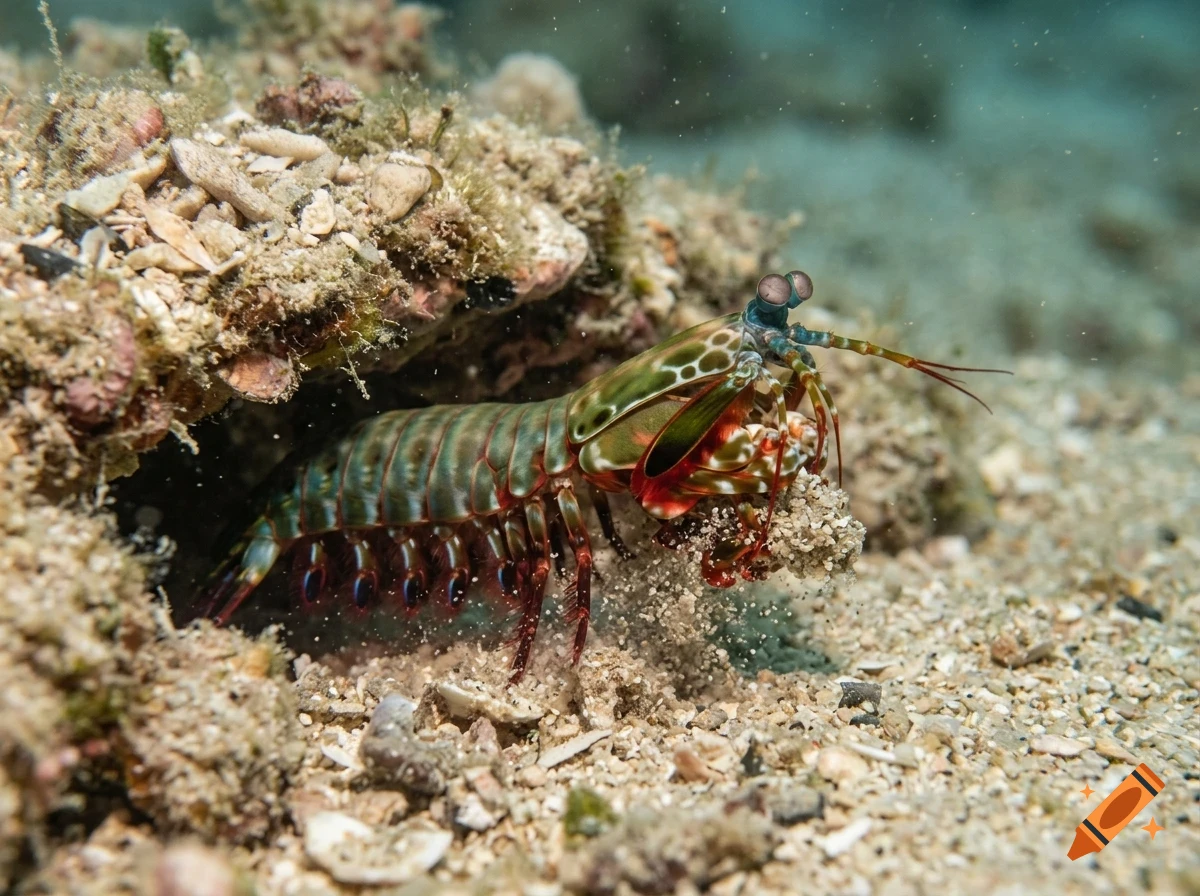 A colorful mantis shrimp peeks out from under a rocky overhang on the sandy seabed.