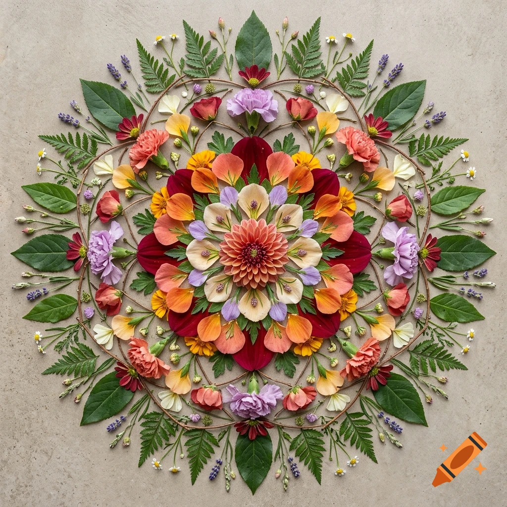 Symmetrical photorealistic mandala arrangement of colorful flowers, leaves, and twigs on a gray background.