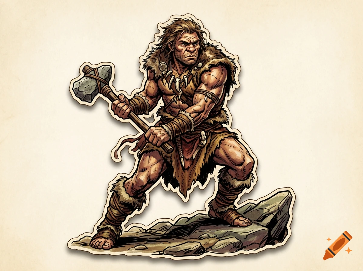 Illustration of a caveman holding a stone axe in a dynamic pose, styled as a tabletop RPG paper miniature.