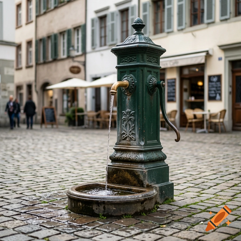 Photorealistic image of a vintage green water fountain in the middle of a European cobblestone square with buildings in the background.