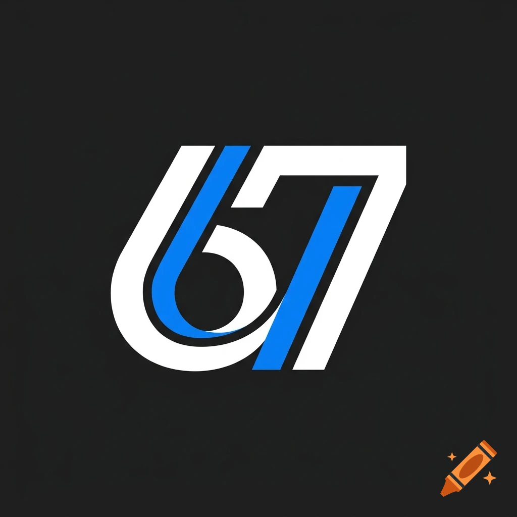 Stylized graphic design of the number 67 in white and blue on a dark background.
