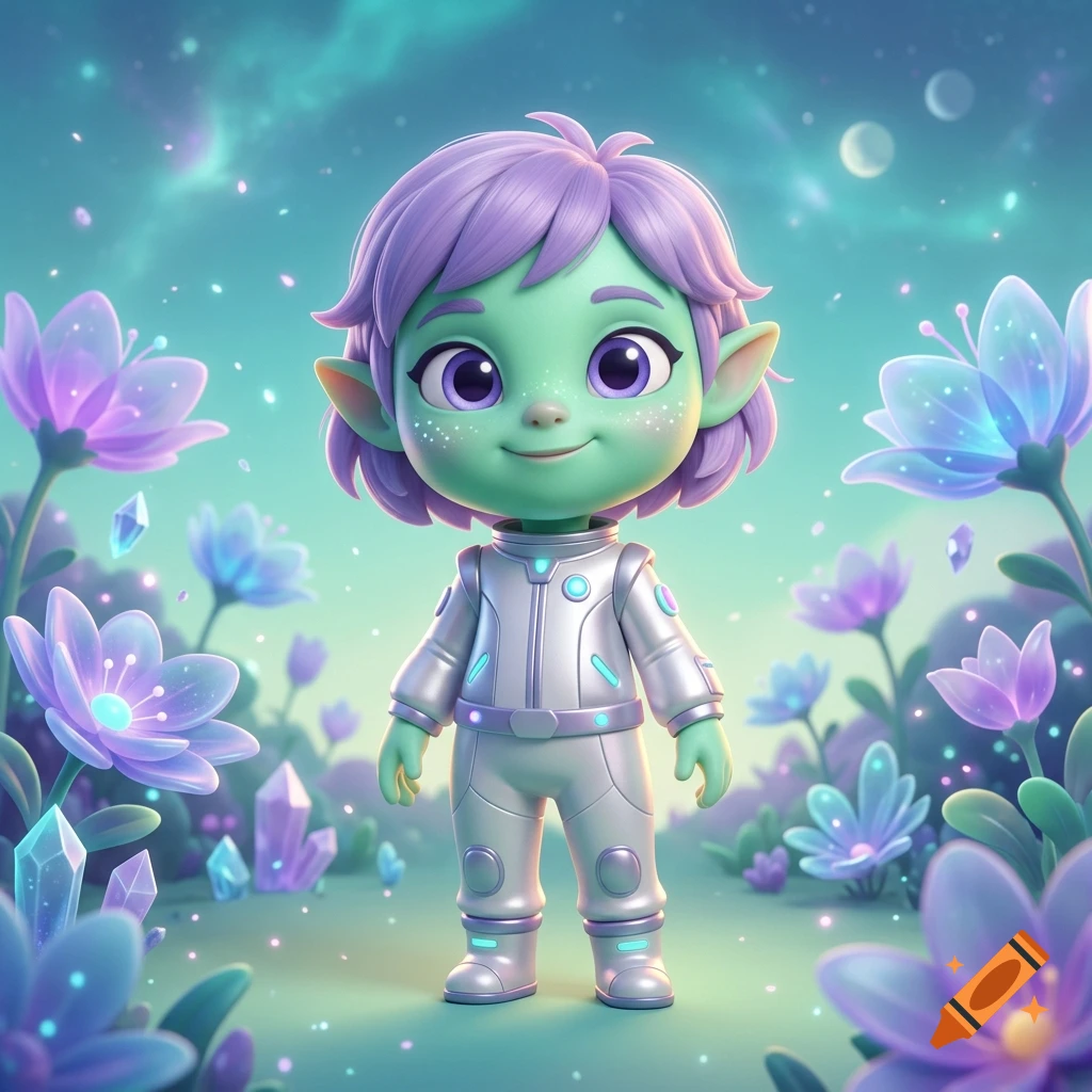 Cute 3D render of a green alien girl with purple hair in a space suit, surrounded by glowing alien flowers.