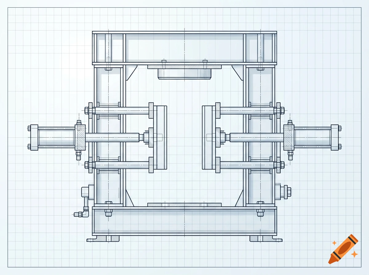 Technical blueprint of a hydraulic press with side-pushing jaws on a light blue grid background.