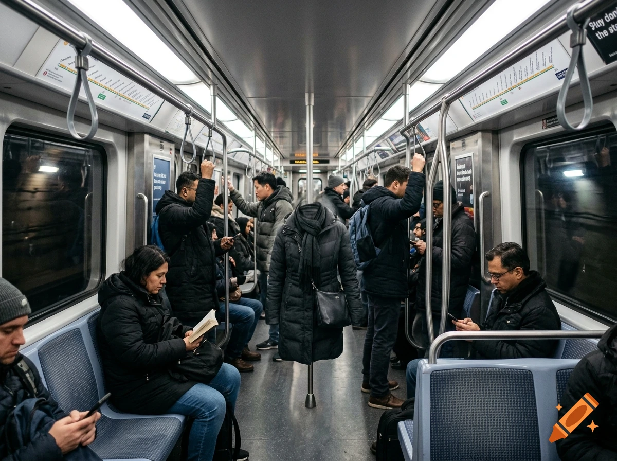 Photorealistic interior of a crowded subway train featuring an invisible person wearing a grey winter coat.