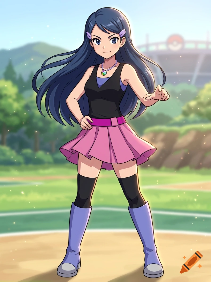 Anime style full-body portrait of a female Pokemon trainer with dark blue hair and a pink skirt in a stadium setting.