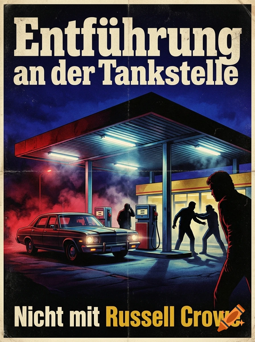 Vintage 1980s style movie poster with German text showing a nighttime gas station holdup scene.