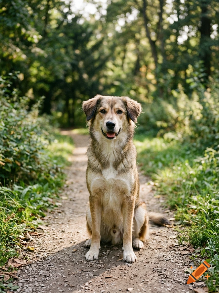 A medium-sized mixed-breed dog sitting on a dirt path in a lush green forest, photorealistic.