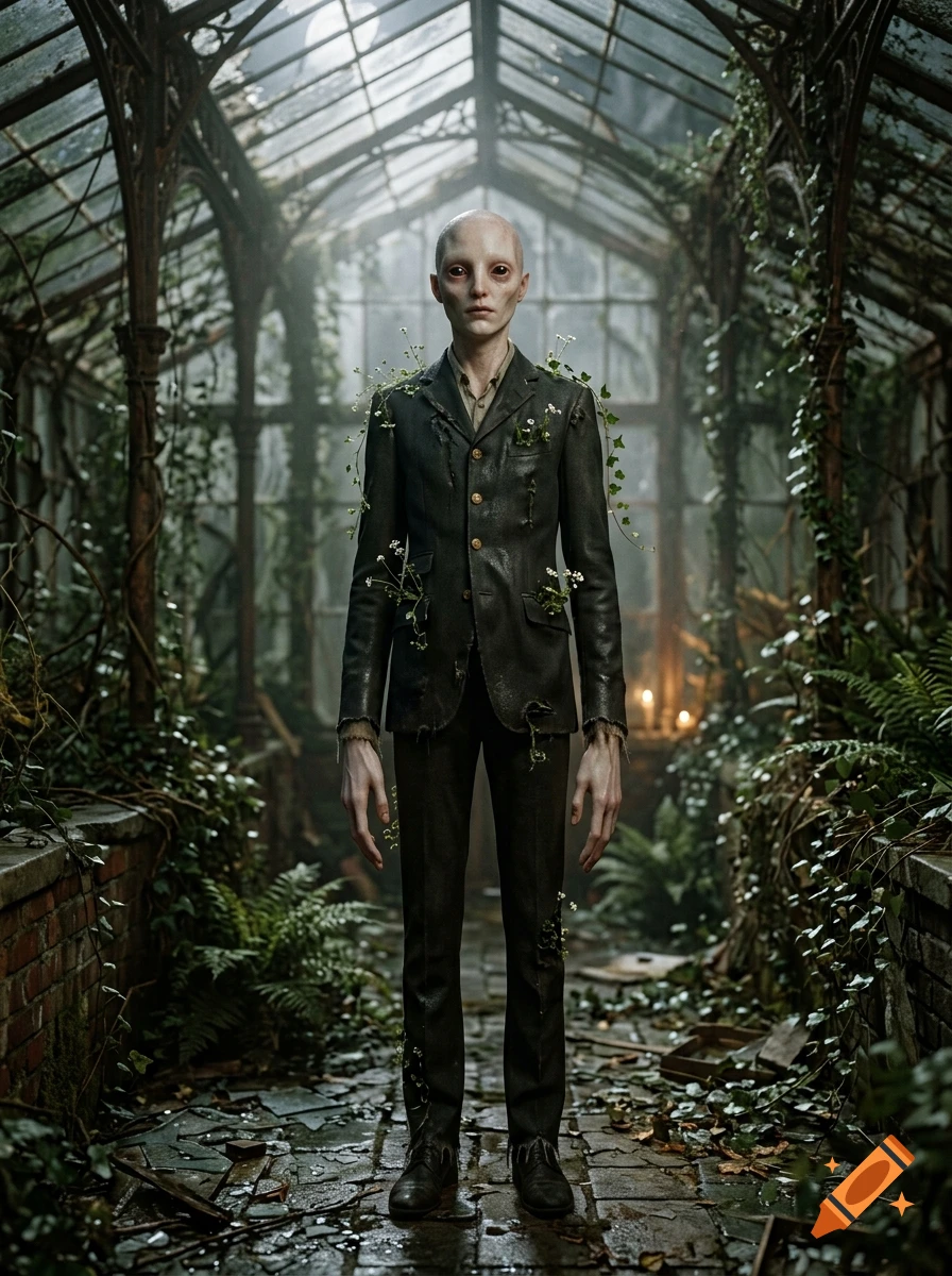 Photorealistic image of a slender, pale-skinned humanoid figure in an overgrown greenhouse, wearing a weathered suit with growing vines.