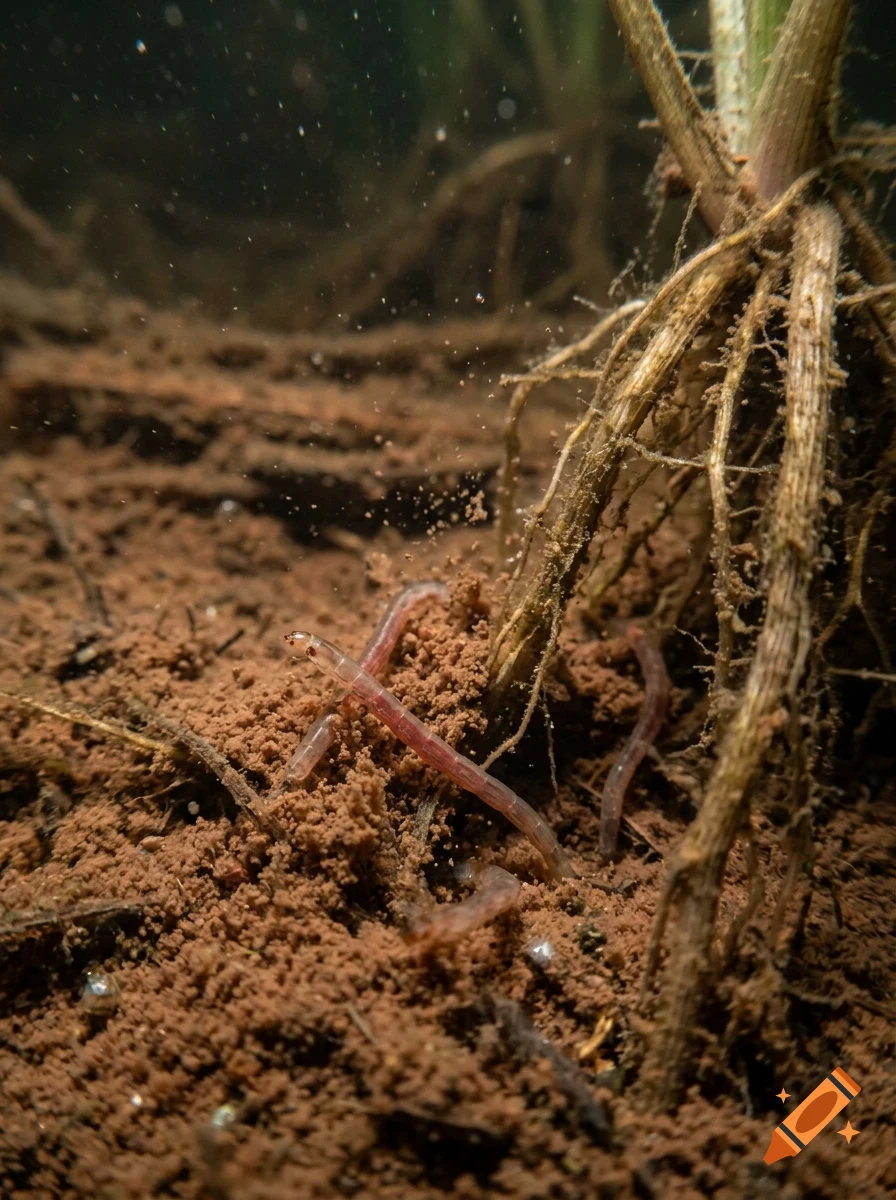 Close-up underwater view of small aquatic worms moving near plant roots in muddy sediment.
